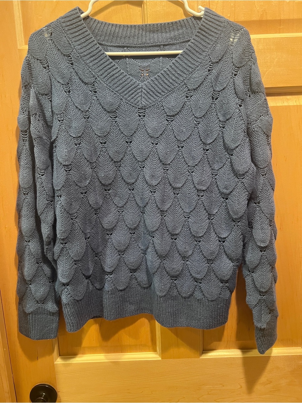 Women's Textured V-Neck Cozy Sweater Open-Stitch Knit Pullover Blue Boho S
